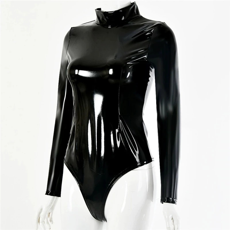 Womens Faux Latex PVC Mirror P - Turtleneck Bodysuit Office 评论和价格