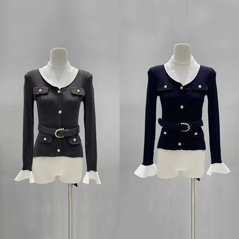 Contrasting-color V-neck fitte - Women'S Formal Wear Cardigan 评论和价格