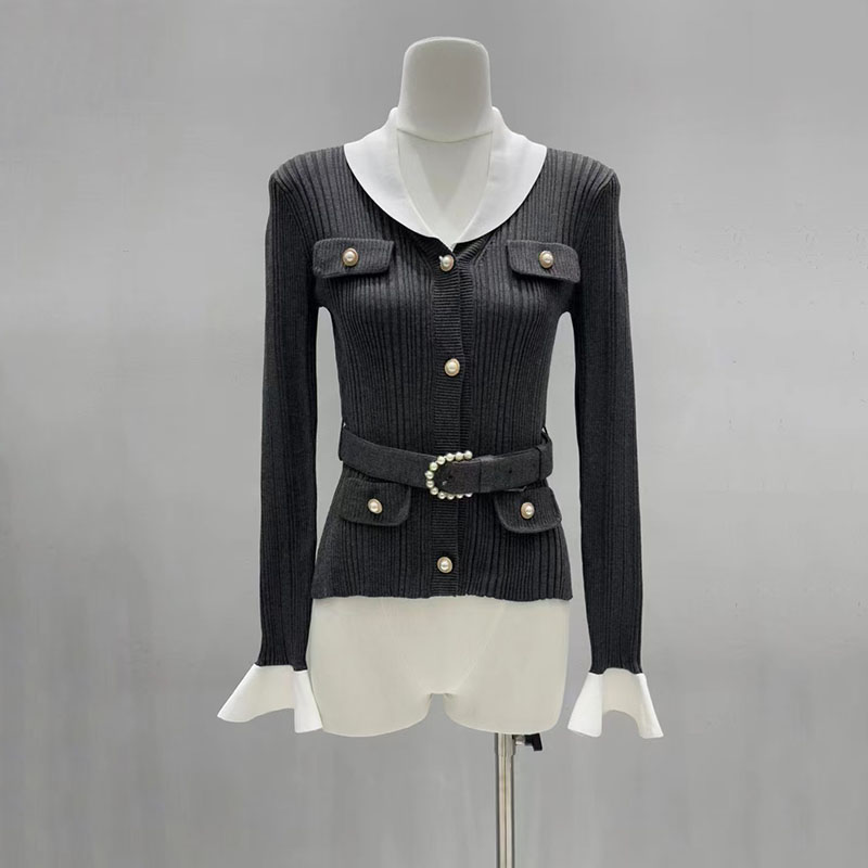 Contrasting-color V-neck fitte - Women'S Formal Wear Cardigan 评论和价格
