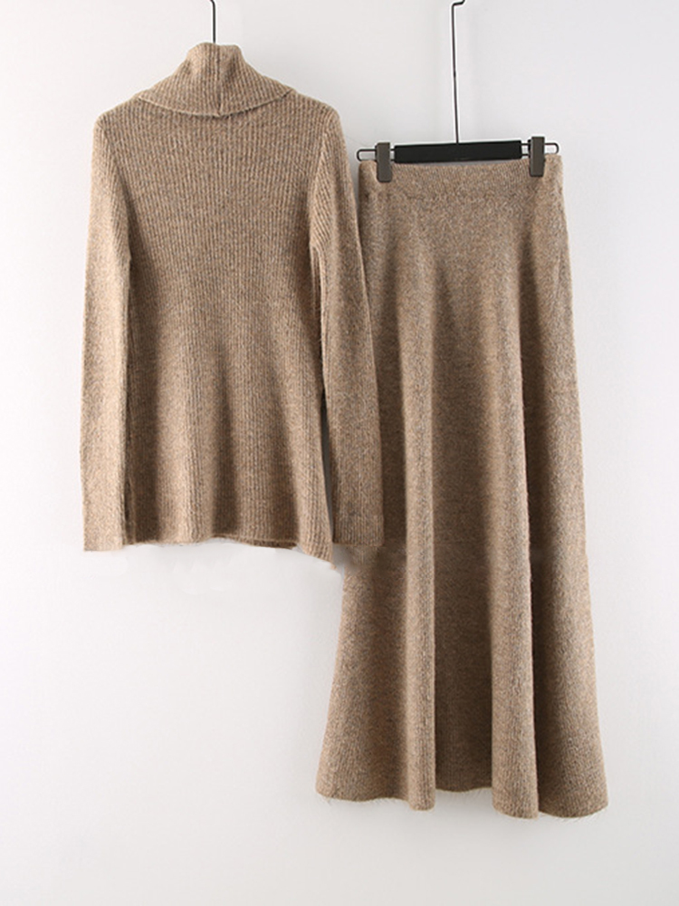 Khaki Sweater Half-body Skirt  - Turtleneck Bodysuit Office 评论和价格